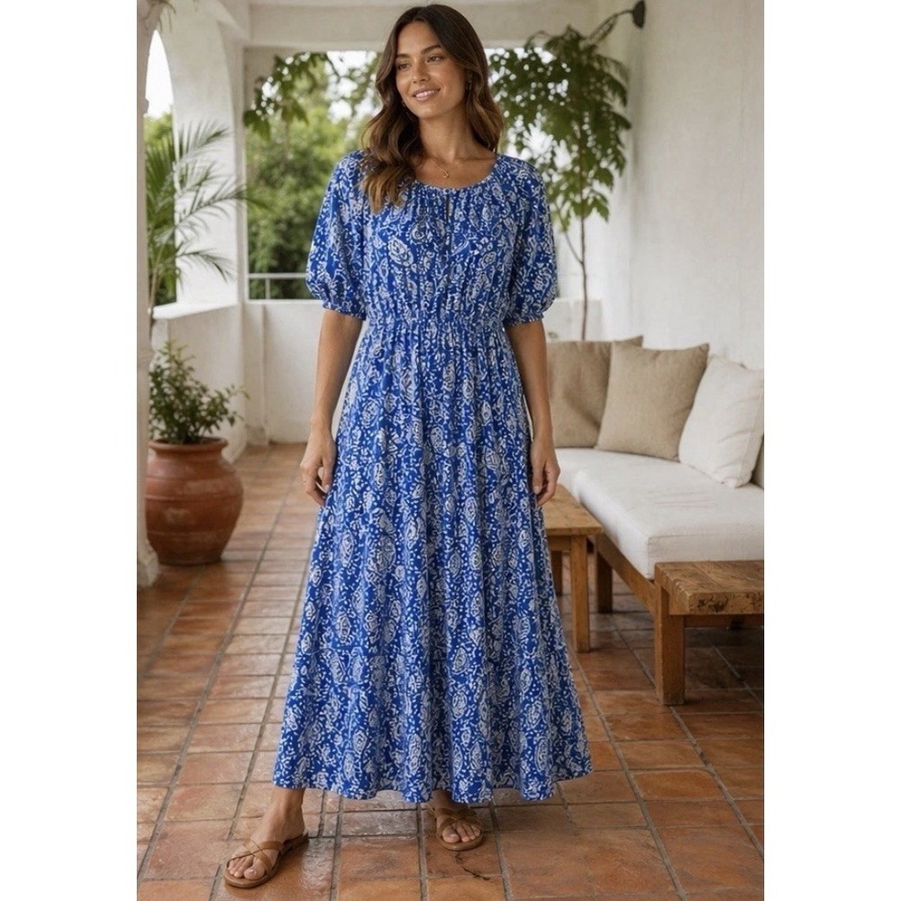Downeast Blue Paisley Midi Dress L Cottage Core Rayon Peasant CottageCore FF21